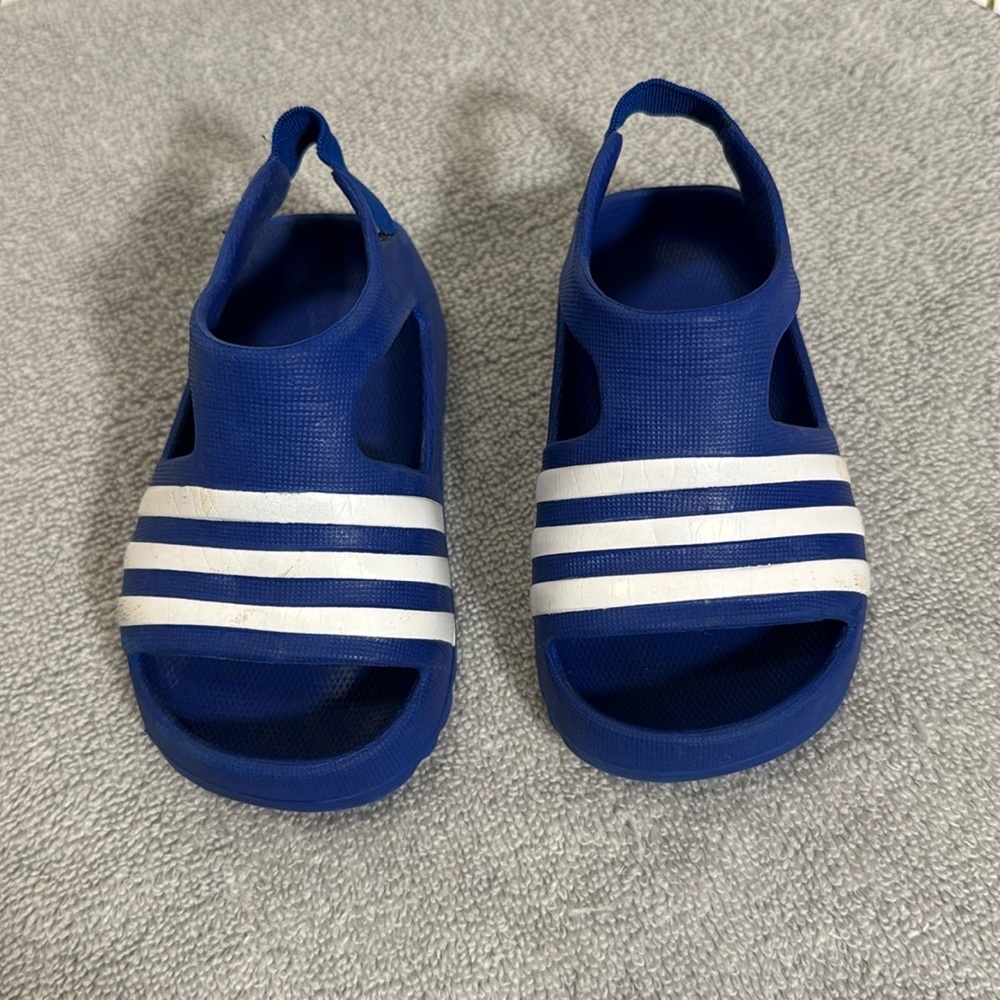 Adidas Kids Blue Sandals size baby size 3 slip on white strips‎